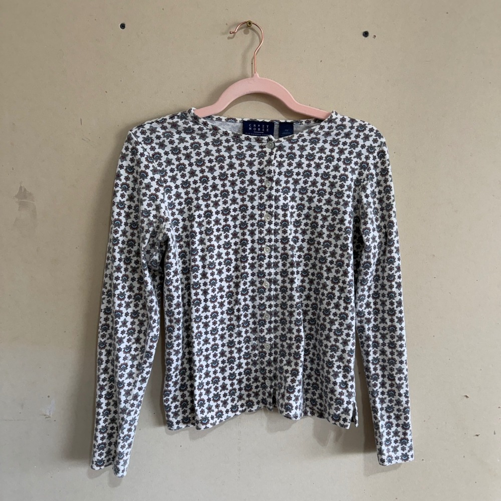 Crazy Horse Liz Claiborne Petite Cotton Floral Button Front Cardigan White PM